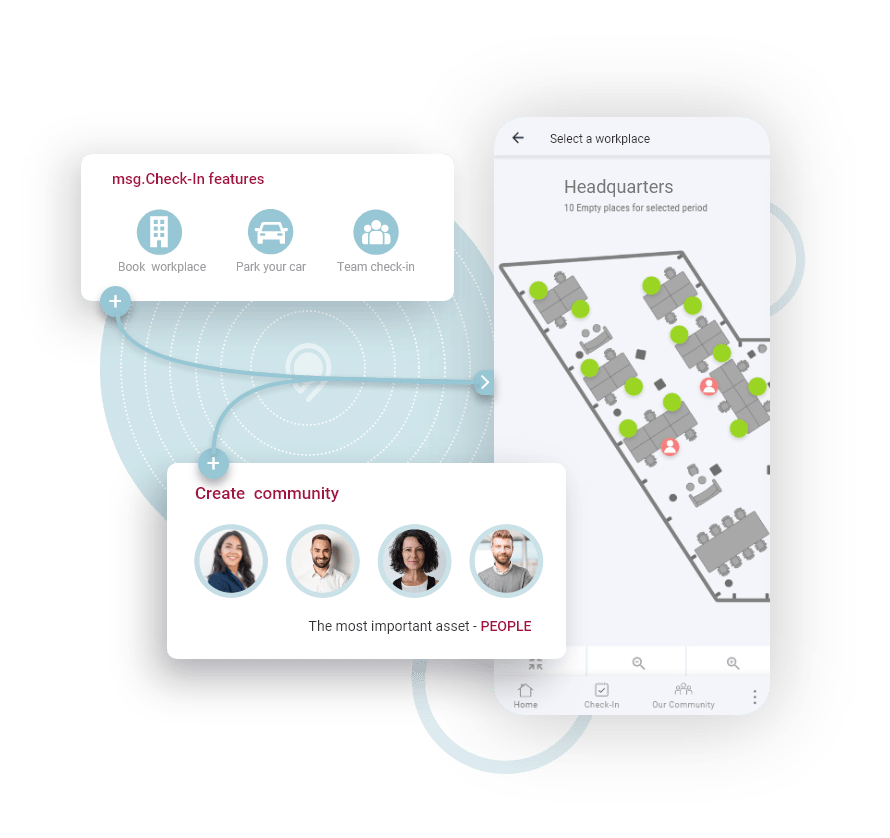 Team collaborating in modern office workspace using msg.Check-In desk booking software