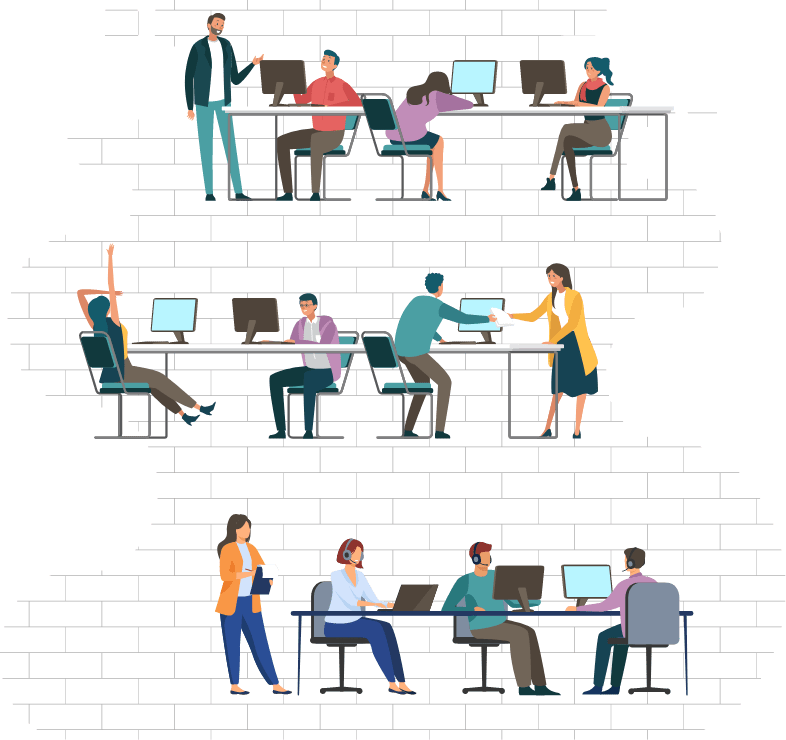 Secure office environment with organized workspaces and collaborative teams